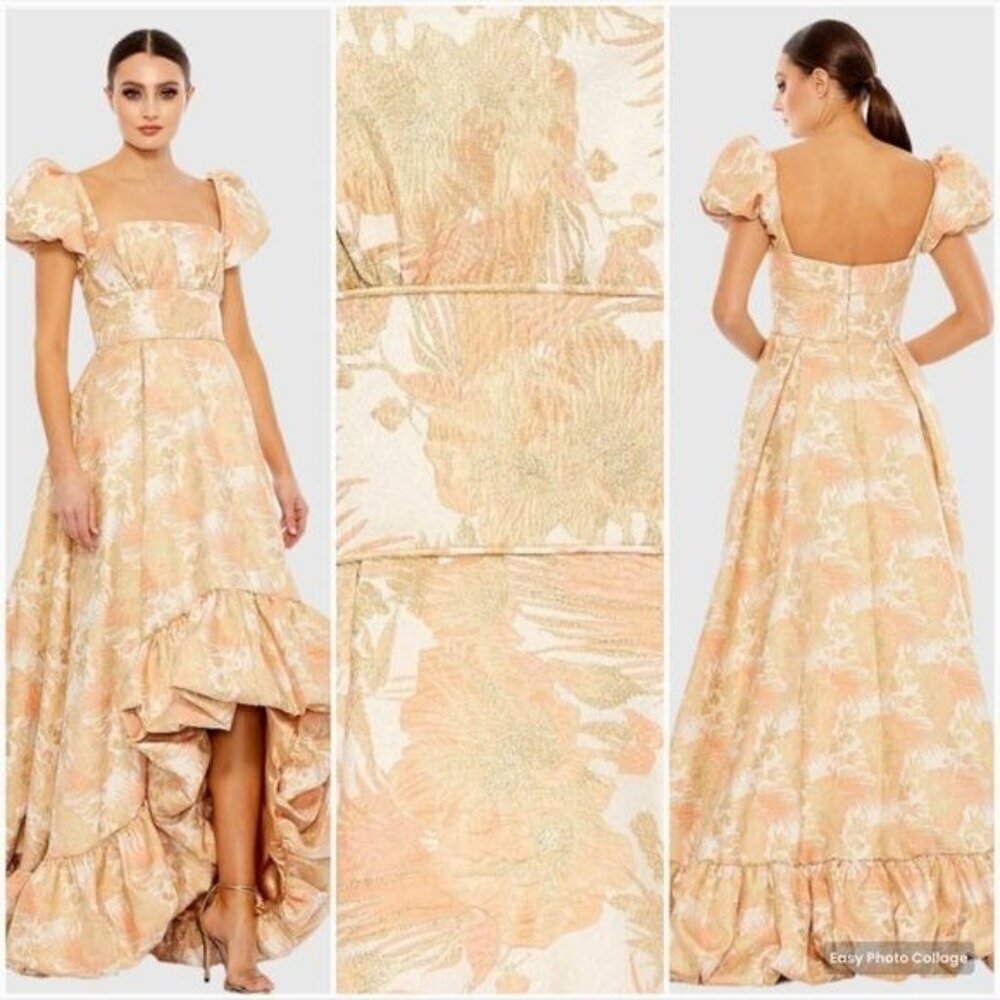 NWT MAC DUGGAL 68276 Floral Brocade Evening Gown Size 16 Puff Sleeve Peach Gold